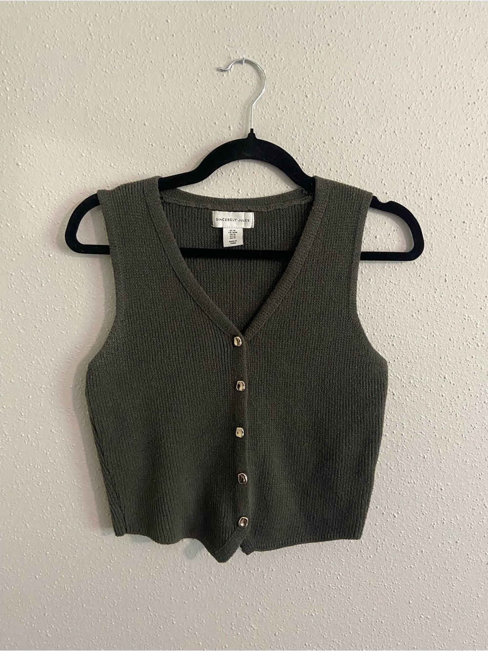 Sincerly Jules Olive Green V-Neck Button Front Knit Vest